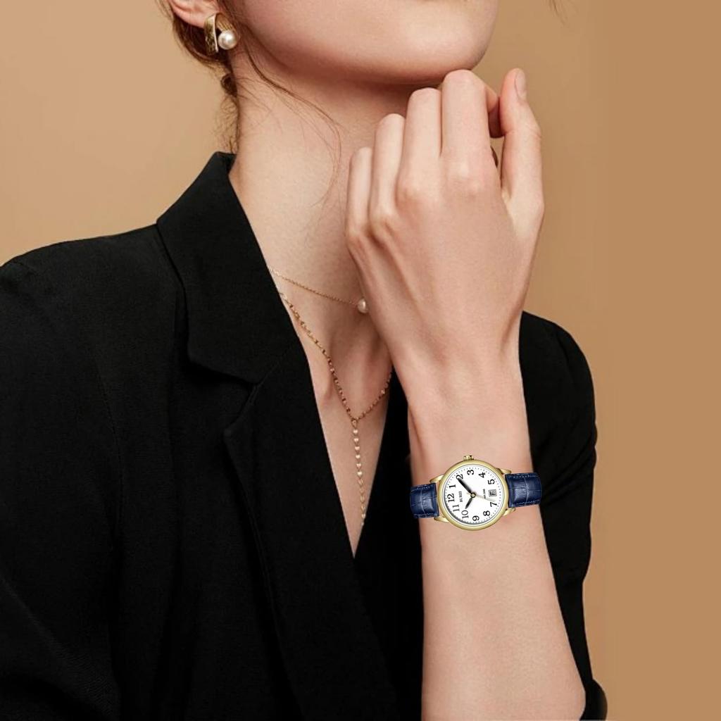 BUREI Analog Quartz Watch with Date Blue Leather Slim and Perfect for Casual and Business Perfect for and Celebrations Women's Display, Strap, Fit,