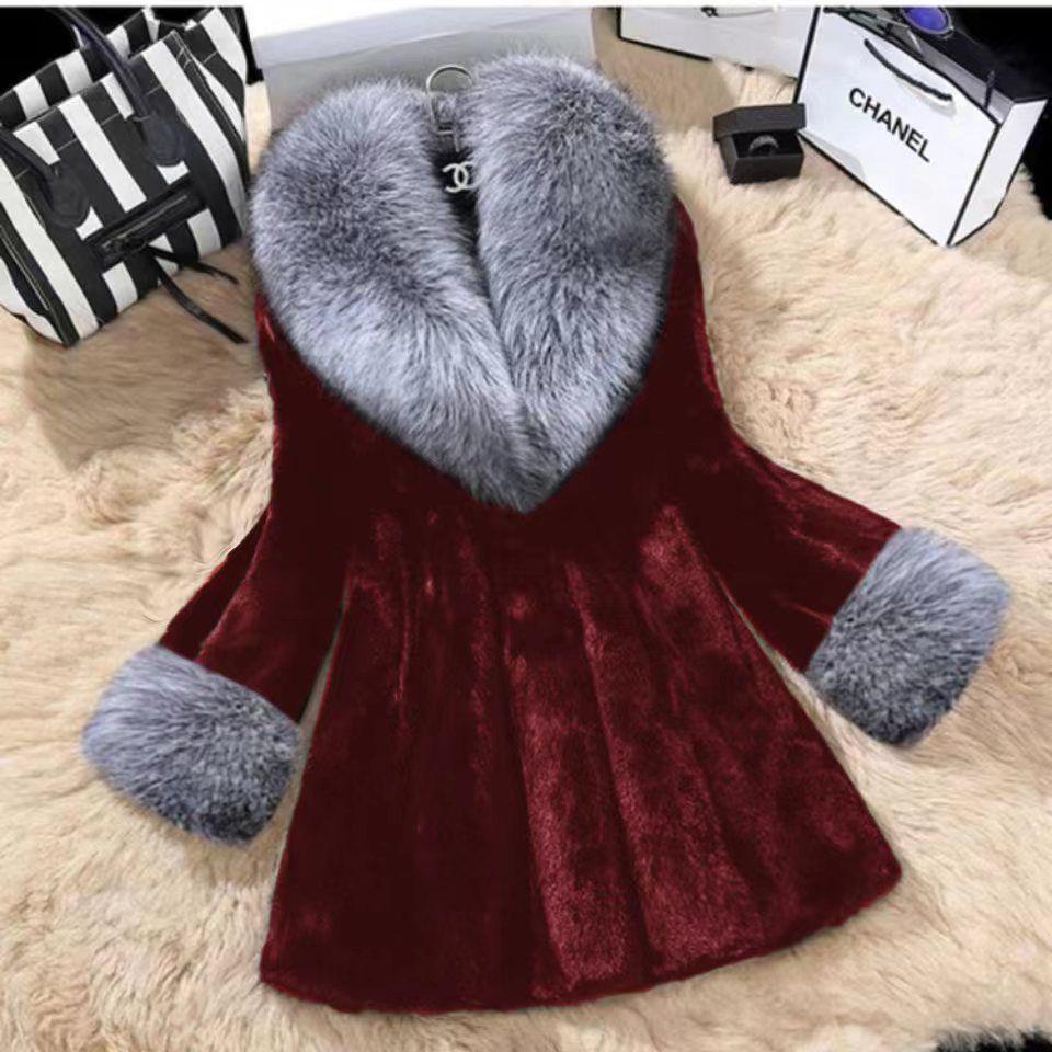 Women's Mid-Length Faux Fur Coat with Large Collar