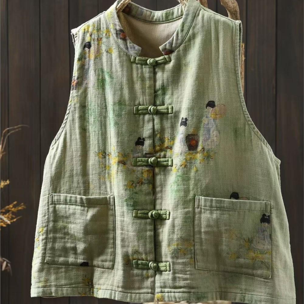 Johnature Damskie Vintage Drukowane Kwiatowe Płaszcze Guziki Zimowe Kieszenie Chiński Styl Damskie Luźne Bezrękawniki