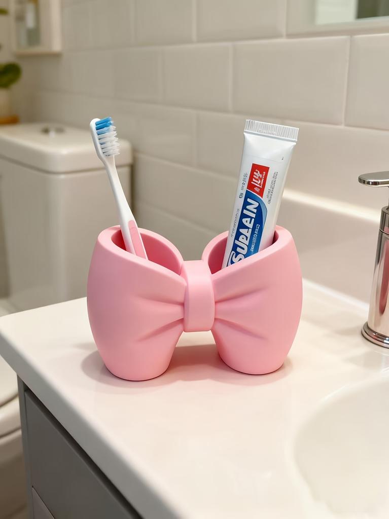 1pc Creative Bow Pen And Toothbrush Holder | Plastic, Freestanding, Ideal For Bedroom And Bathroom Decor, Bathroom Accessories