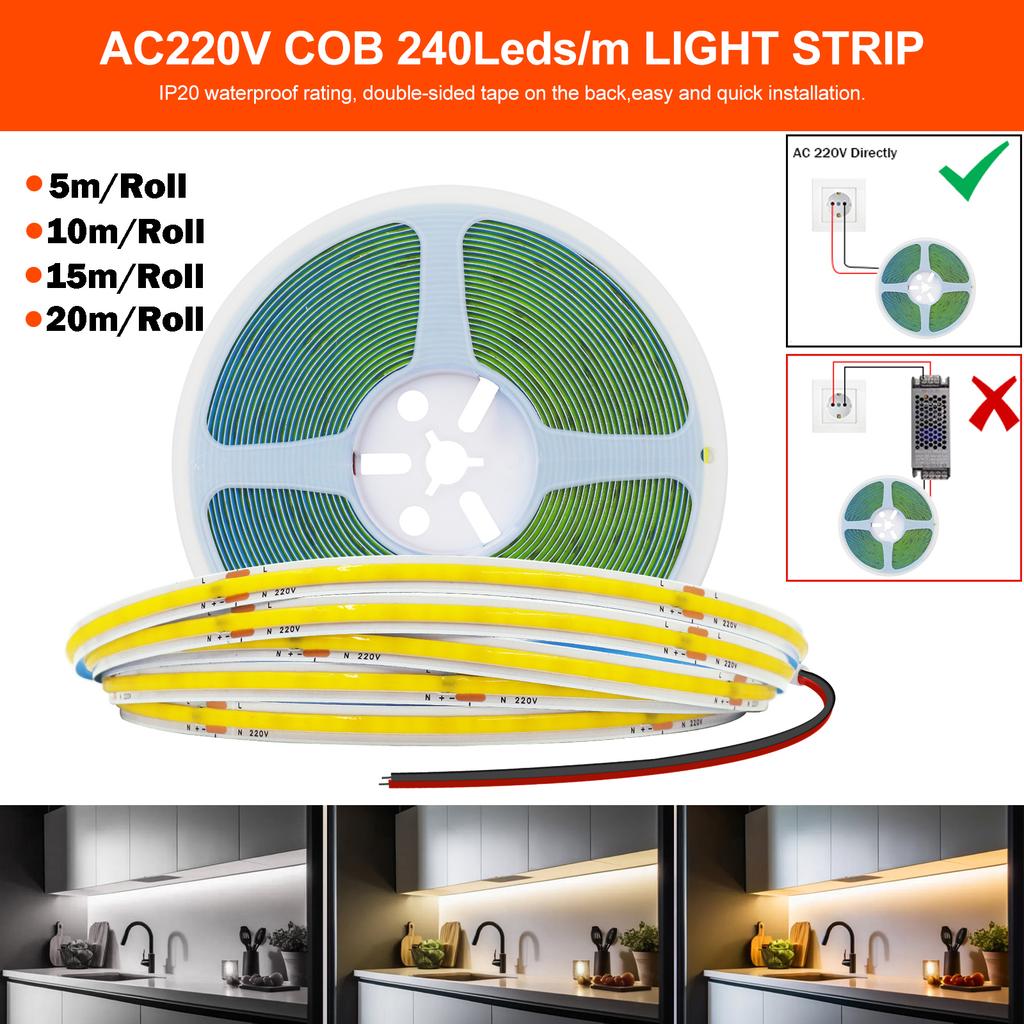 220V COB LED Strip Light No Need Driver 240LEDs/m 5m 10m 15m 20m Linear Light Tape Red/Blue/Green/Pink/White For Home Lighting