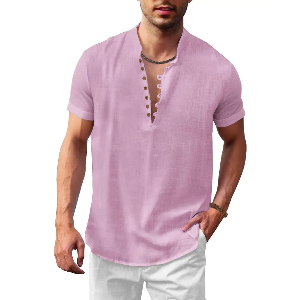 Estate Nuova Maglietta a Maniche Corte in Cotone Lino da Uomo Mezza Bottonatura Collo Henley Tinta Unita Traspirante Leggera Top Maschili