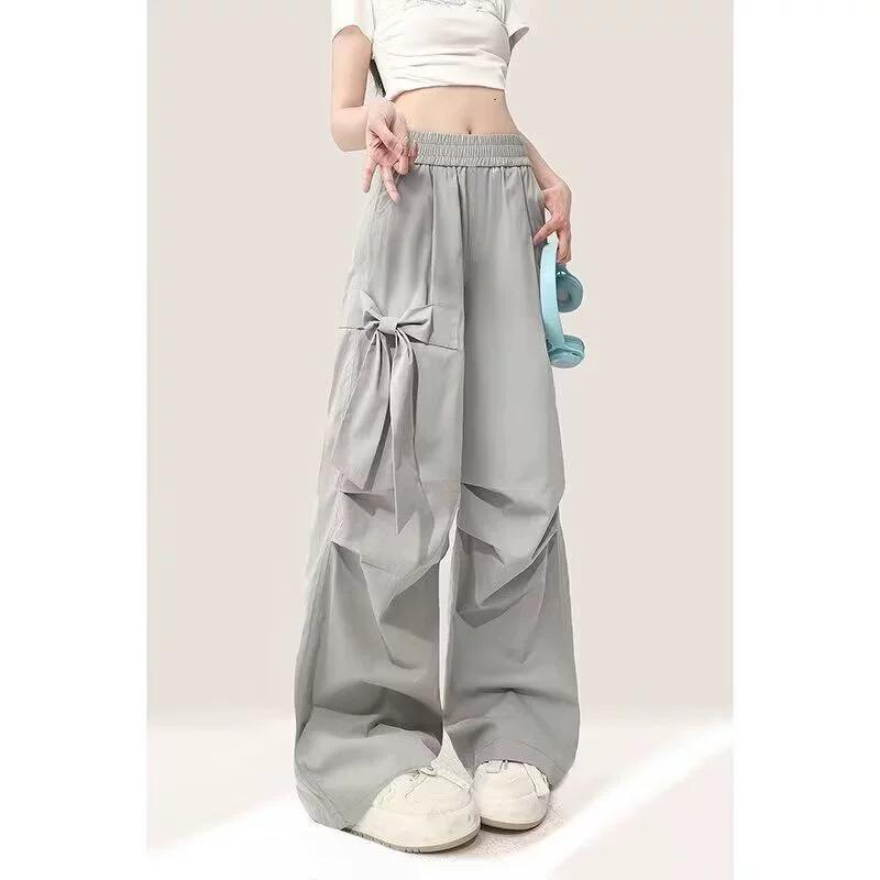 Women s Summer Grey Bowknot High Waist Wide-Leg Casual Pants L