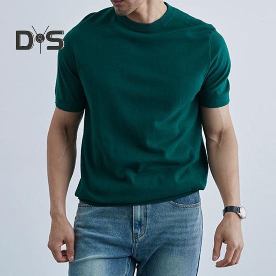 Summer Men T-Shirt Crew Neck Solid Color Short Sleeves Knitted Shirt Breathable Slim Fit Lightweight Basic Tee Casual Business Top