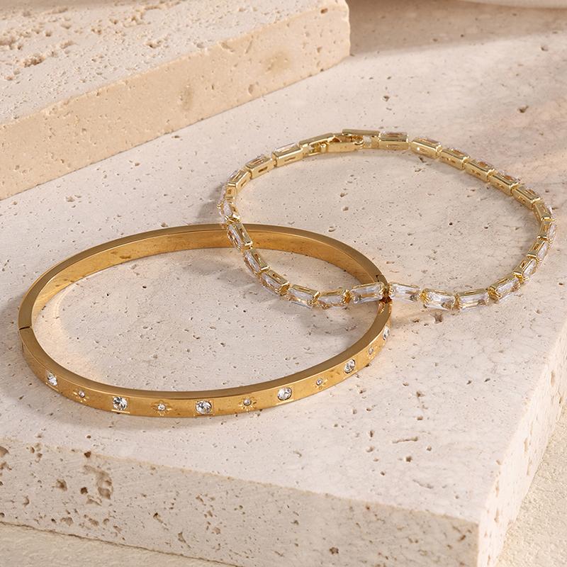 2PCS French Stainless Steel Bracelet Set For Women High Quality Shiny Zircon 18K Gold-plated Not Fading Bracelet Jewelry Gifts