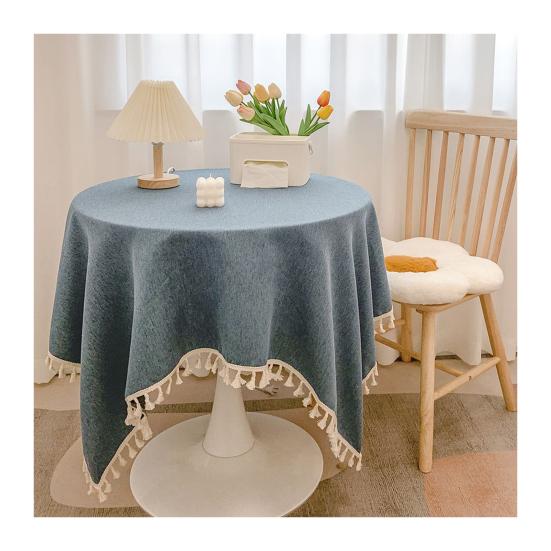 Tovaglia in Cotone e Lino con Bordi Frangiati, Tovaglia Monocolore Lavabile con Nappe, Copritavola Rotondo per Cucina Sala da Pranzo