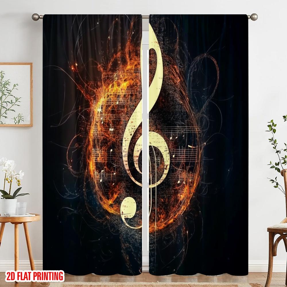 2pcs,2D Plane Printing Print Curtains Fiery Clef Harmony Versatile 100% Polyester (without Rod) Gifts for Bedroom, Office,