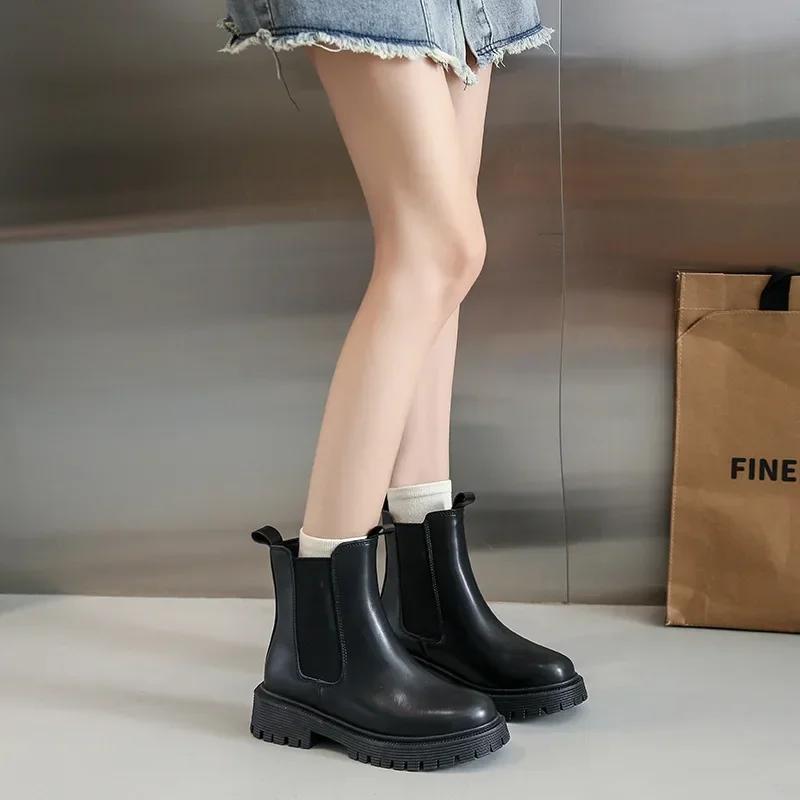 Boots Women Chelsea Black Mid Ankle Flat Platform Lady Shoes Female All Match Classic Concise Fashion Round Toe Shoes