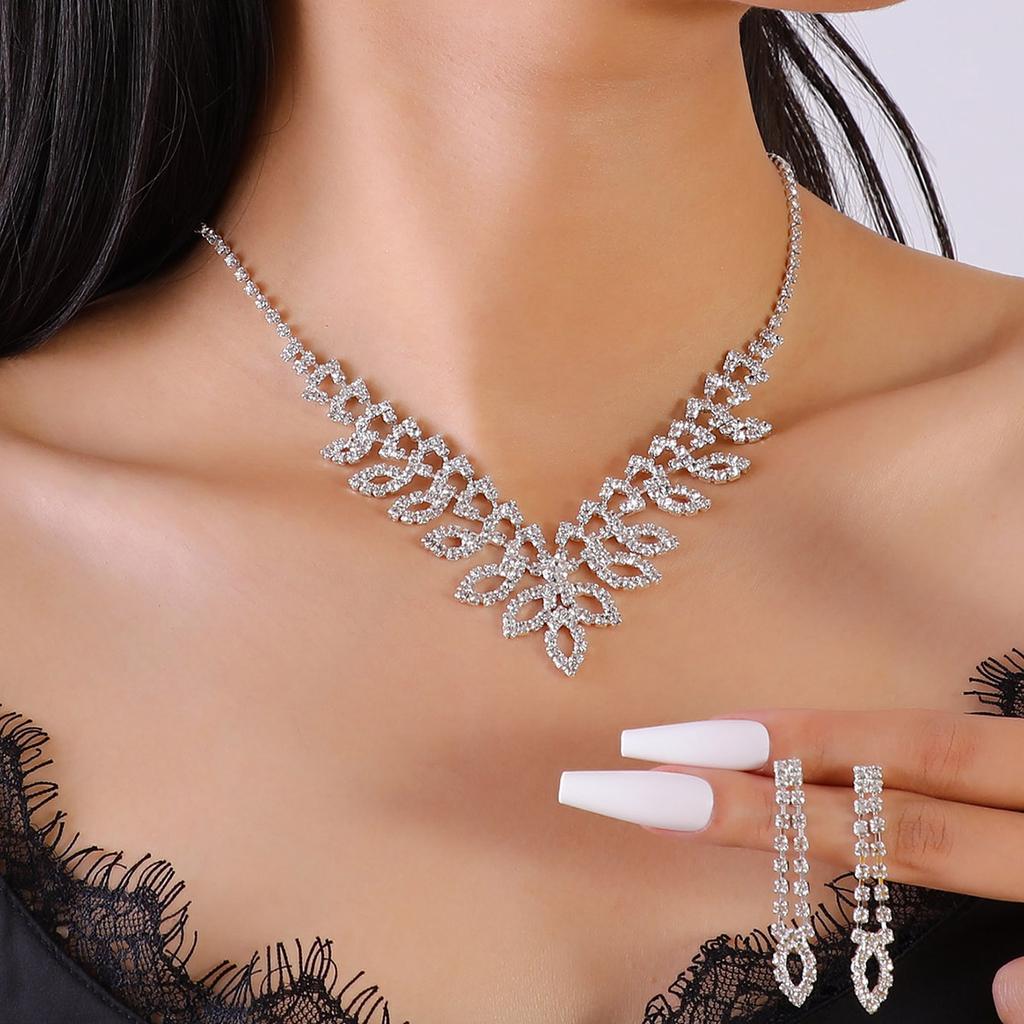 Bridal Jewelry Set Silver Claw Chain Rhinestone Ladies Necklace Earrings Set Wedding Jewelry Banquet Dress Necklace