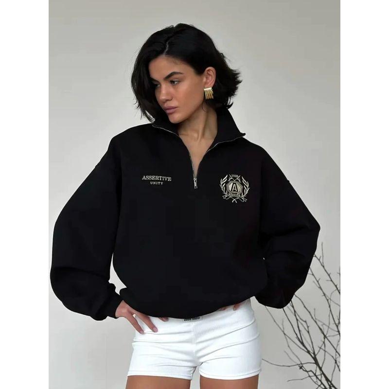 

Мода Новое поступление Свободный свитер С принтом Лацкан Половина молнии Топы Свободный Принтованный Топ на половину молнии Black 1 (thin) thin S