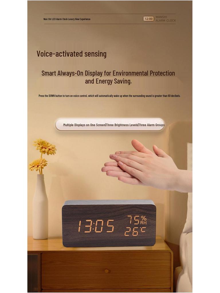 Stylish Wooden LED Digital Alarm Clock with Charging Port