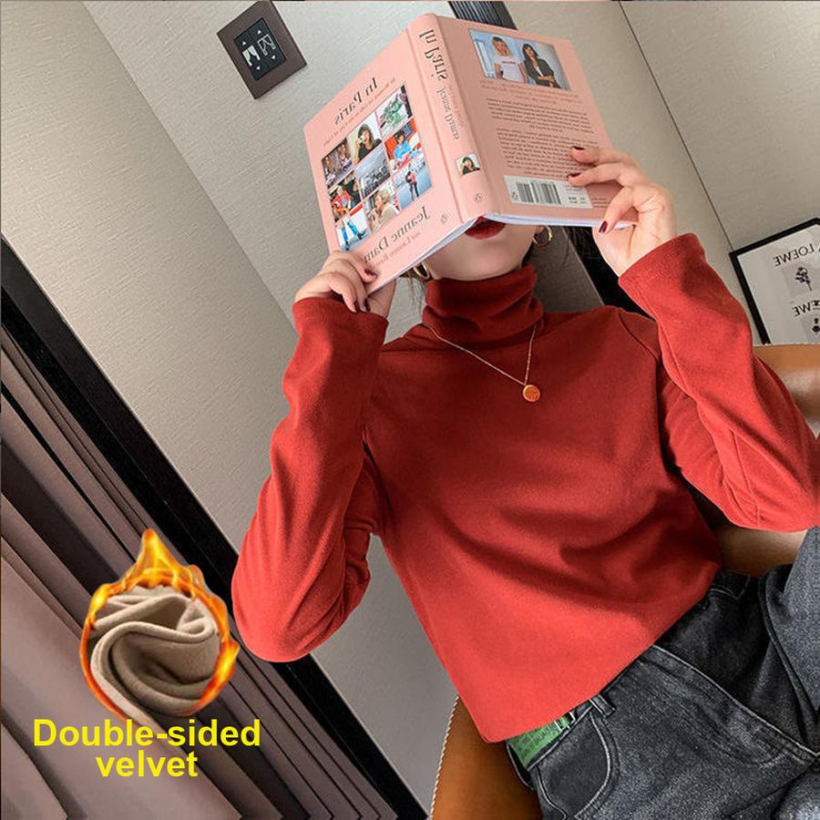 Double-Sided Fleece High Neck Base Layer Women's Autumn Winter New Slim Fit Trendy Inner Wear Thick Warm Long Sleeve T-Shirt Women