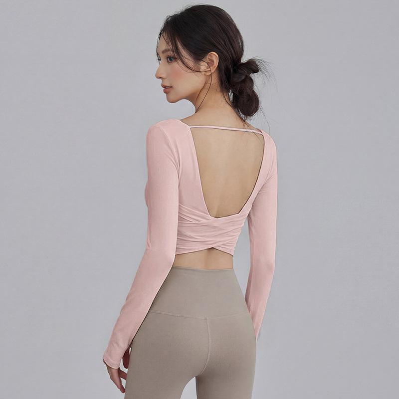 

Back-Revealing Long Sleeve Yoga Top with Chest Pads - Slimming Sportswear for Running, Pilates, and Outdoor Fitness L [Recommended Weight: 110-120 Jin]