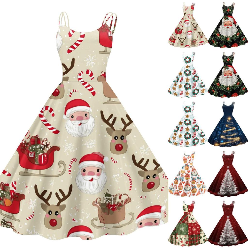 Women's Christmas Print Off-Shoulder Vintage Dress