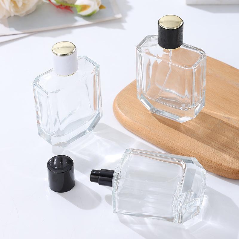 Flat Transparent Bayonet-Press Glass Perfume Bottle with Lid - Portable and Simple Spray Decanting Bottle