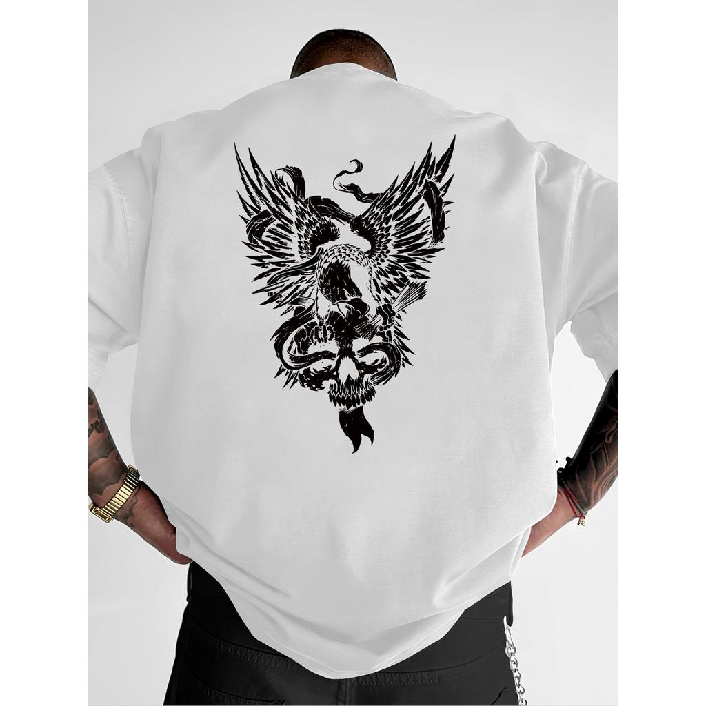 Edgy Winged Skull Graphic Print T-Shirt 100% Cotton Casual Short Sleeve Tee for Men