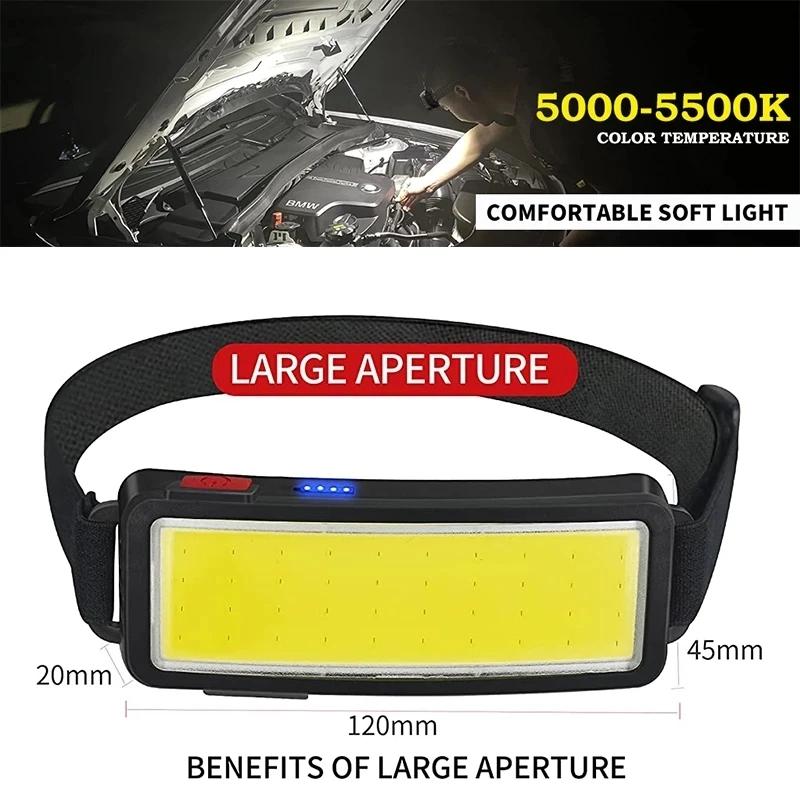 Super Bright COB LED Head Flashlight USB Rechargeable Headlamp with Built in Battery Headlights for Camping Fishing Outdoors