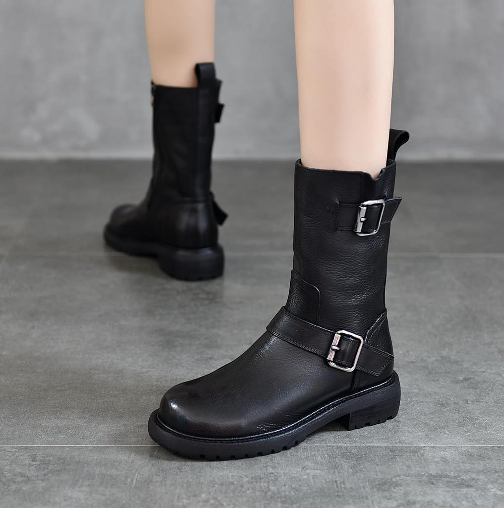 Short Round Genuine Side Low Western Easy to Walk [ZUYEE] Women's Boots, Toe, Leather, Zip, Belt, Heel, Engineer, Mid-Length Boots, Boots, in, Black,