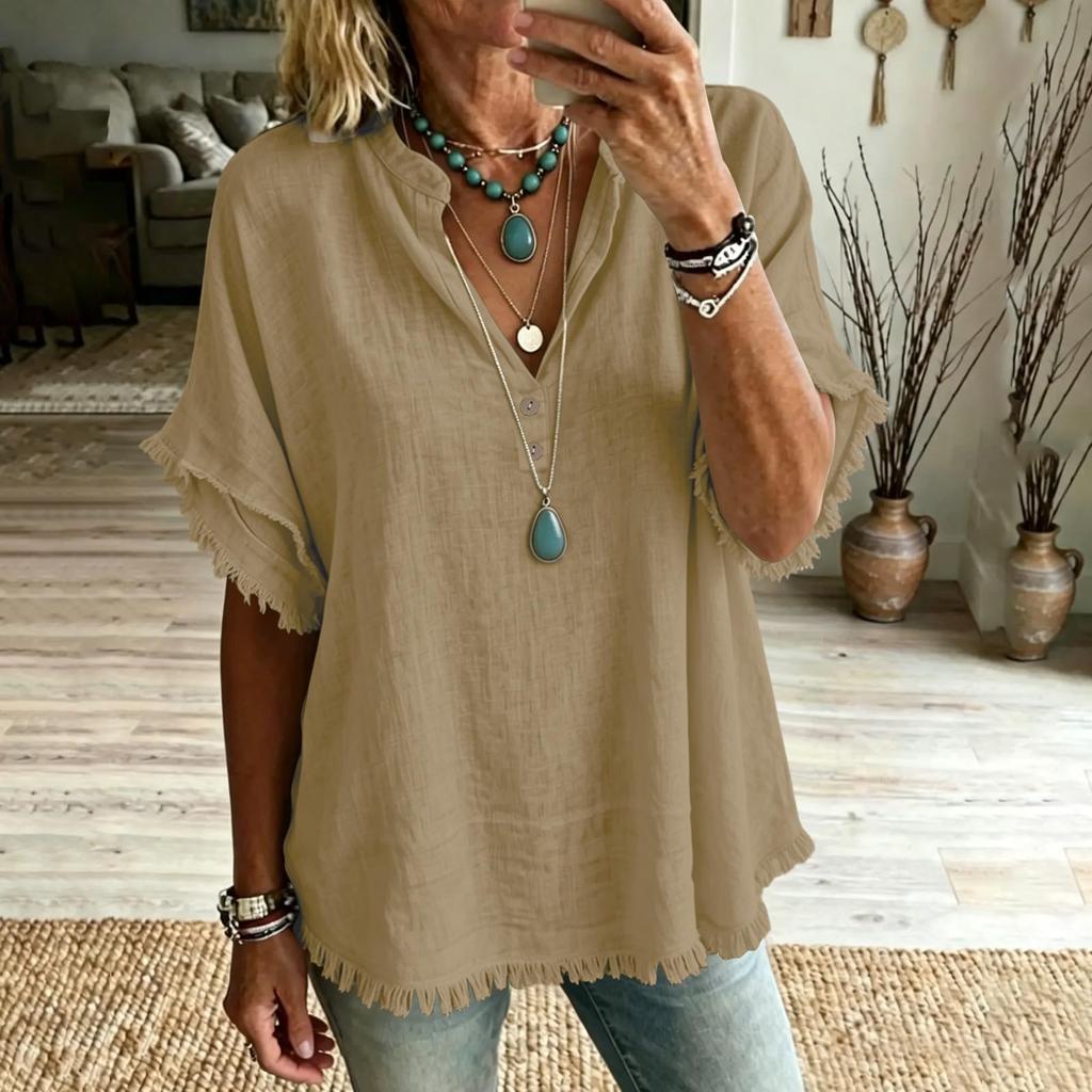 Women Casual V Neck Shirt Fringe Trim Short Sleeve Blouse Button Detail Loose Fit Top for Everyday Wear
