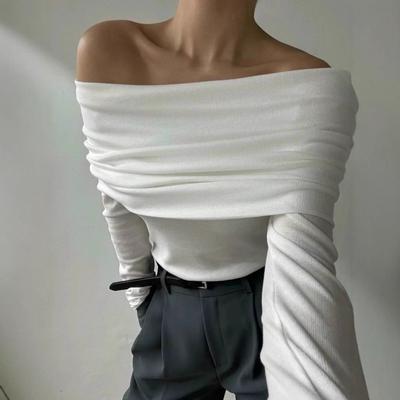 Suéter Tricotado de Verão Sexy Ombro a Ombro Manga Comprida, Suéter Curto Slim Elegante e da Moda de Cor Sólida para Mulheres