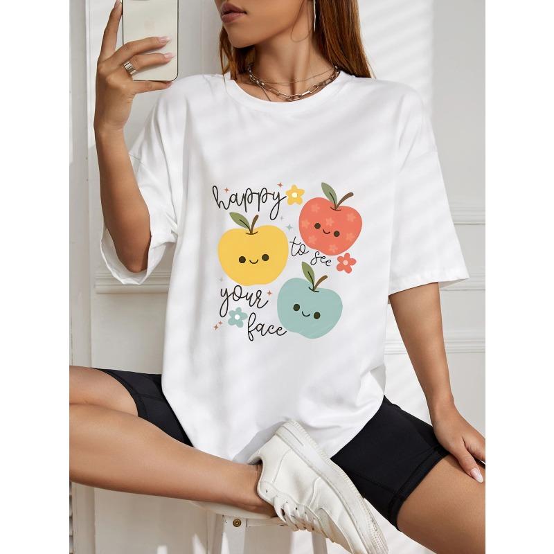 Cute Apple Print T Shirt White Happy To See Your Face Graphic Design For Casual Wear And Everyday Outfits