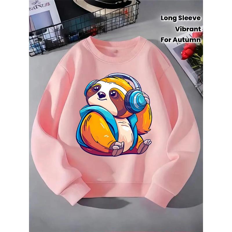 Kids Sweatshirt Round-Neck Long-Sleeved Crewneck Sweatshirt, Soft Casual Print Sweatshirt, Cute Sloth with Headphones, Easy-Care Pattern Outfit