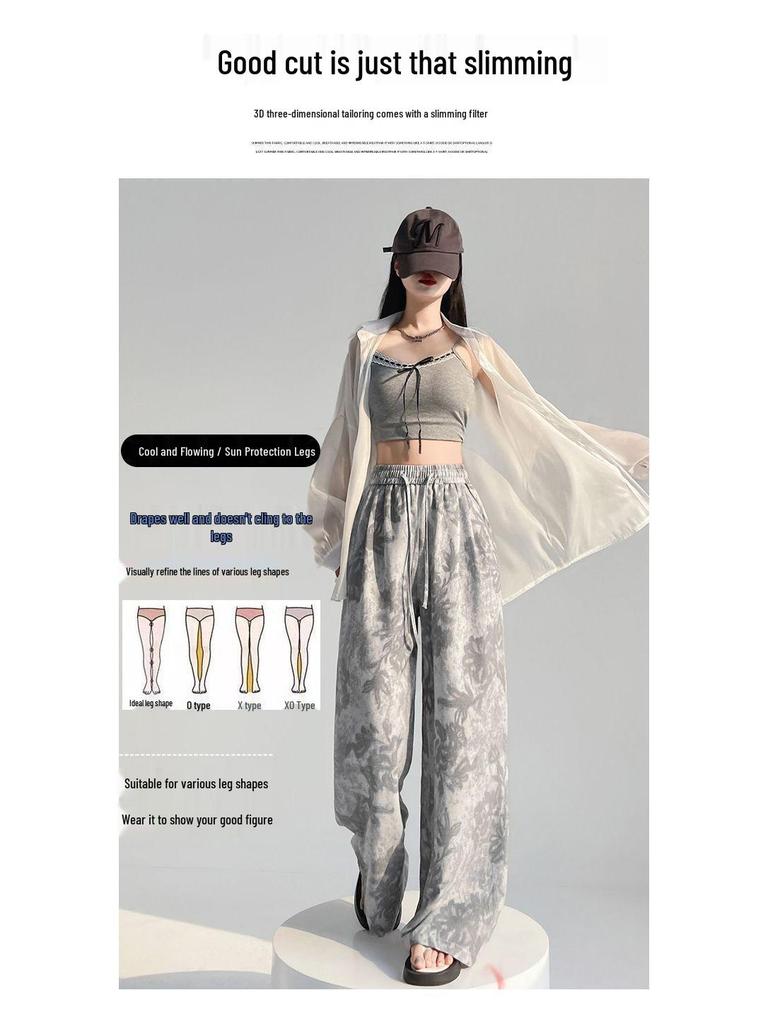 Women's Floral Wide-Leg Pants - Ice Silk, Cotton, Linen, Slimming, Casual Fit for Summer 2026