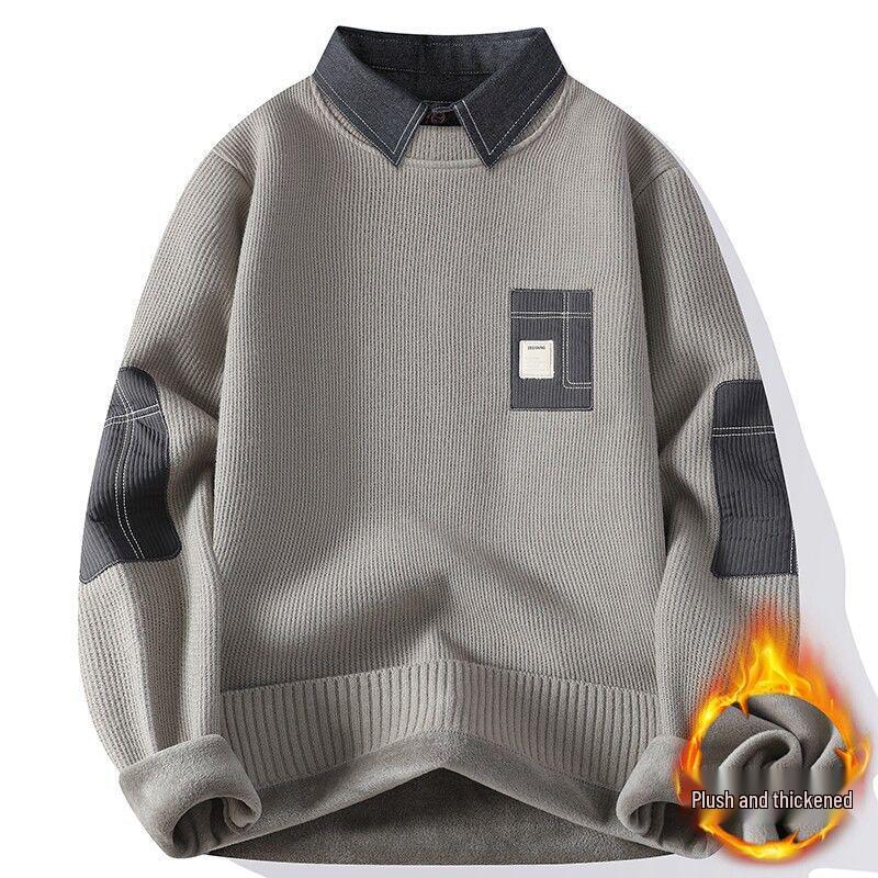 Herren Slim Fit Fleecegefütterter Zwei-in-Eins Hemdpullover – Koreanischer Stil Herbst/Winter Warme Basisschicht