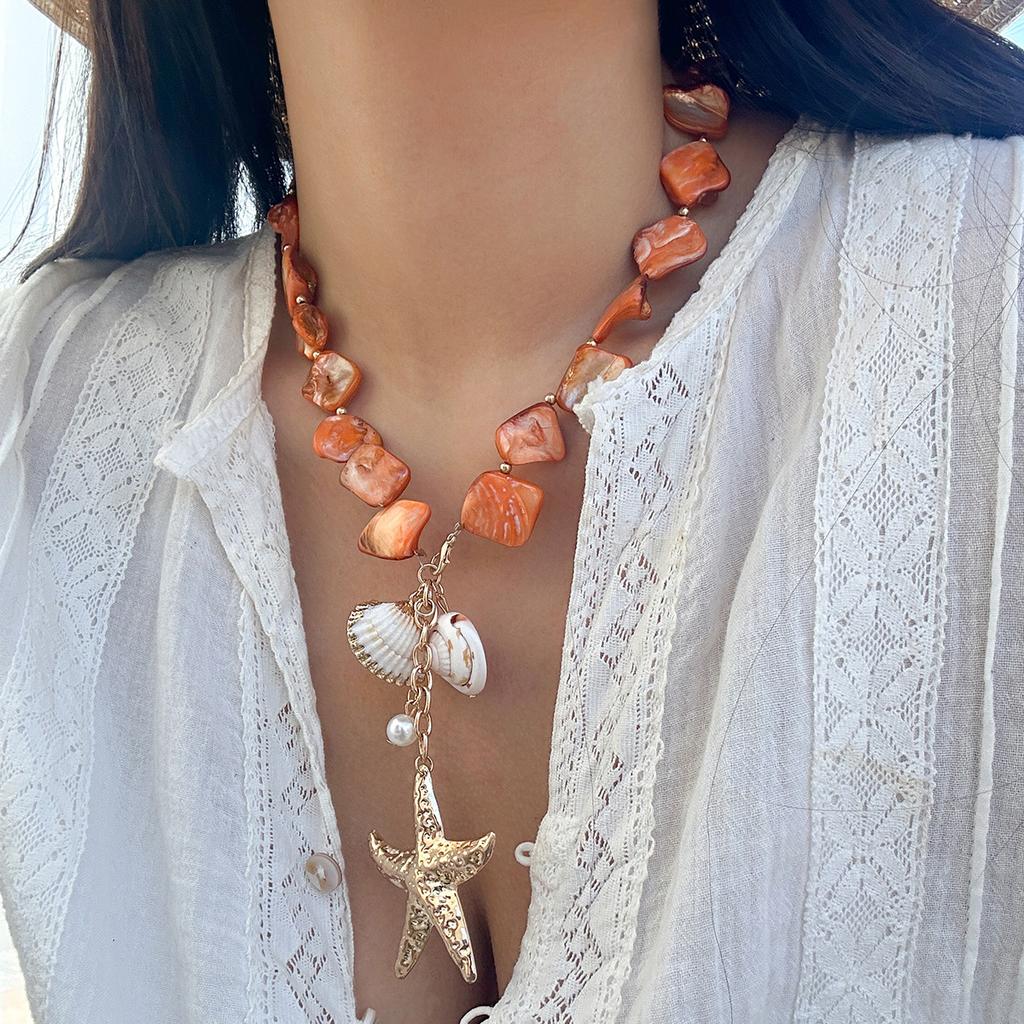 Retro Starfish White Shell Conch Pendant Necklace Women Simple Creative Colorful Stones Hand Woven beach Jewelry Girls