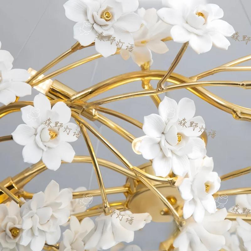 French White Flower Chandelier for Living Room Bloom Ceramics Bedroom Girl's Room Romantic Ceiling Hanging Pendant led lights