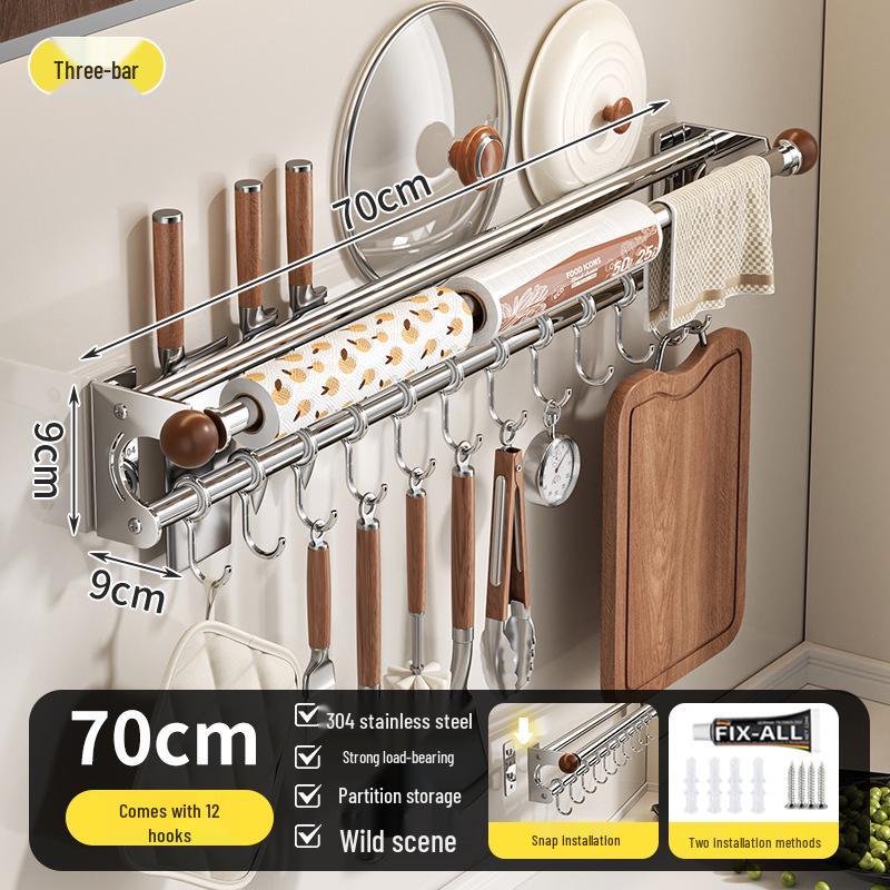 Wall-Mounted Multi-Functional Kitchen Rack: Knife Holder, Pot, Spatula & Spoon Storage, Punch-Free Installation