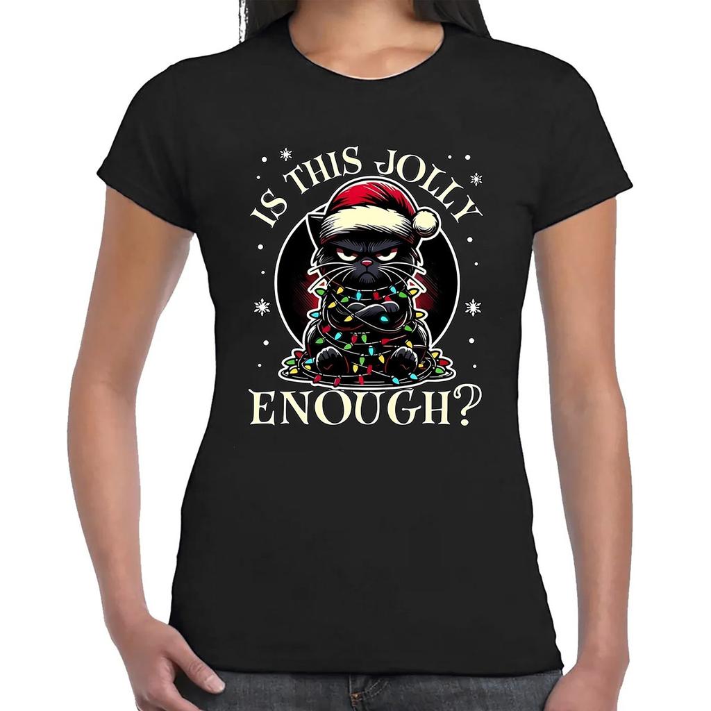 Is This Jolly Enough Black Cat Merry Christmas Womens Ladies T-Shirt Party Top