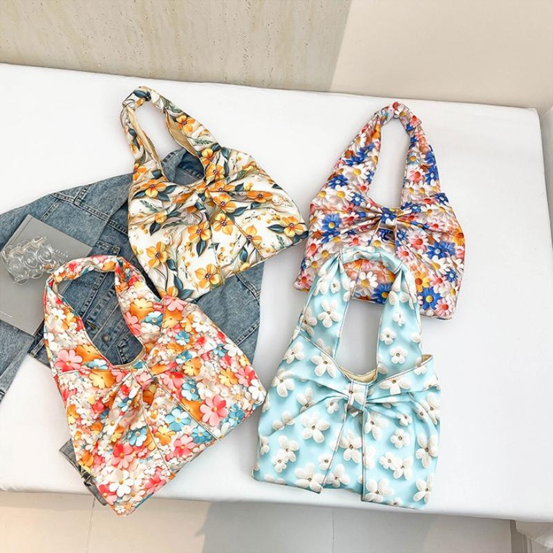 Sweet Bow Flowers Women's Shoulder Bag Casual Large Capacity Girls Underarm Bags Pleated Design Travel Ladies Tote Handbags