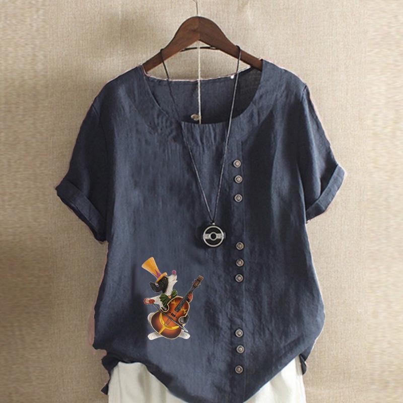 Women's Fashion Music Dog Prined Short Sleeve T-shirt Loose Cotton Shirt Casual Loose Summer Blouse Tops Plus Size