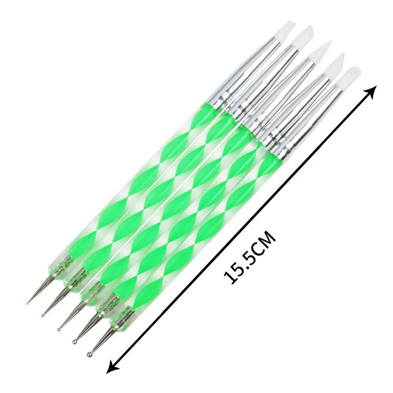 5 Buc pensule siliconice cu 2 capete pentru unghii acrilice, cu vârfuri pentru sculptură și punctare, pentru gel UV, pixuri de punctare din oțel inoxidabil, instrumente de pictură