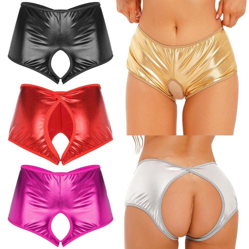Womens Metallic Shiny Crotchless Booty Shorts Low Rise Panties Underwear Club Stage Show Hot Pants
