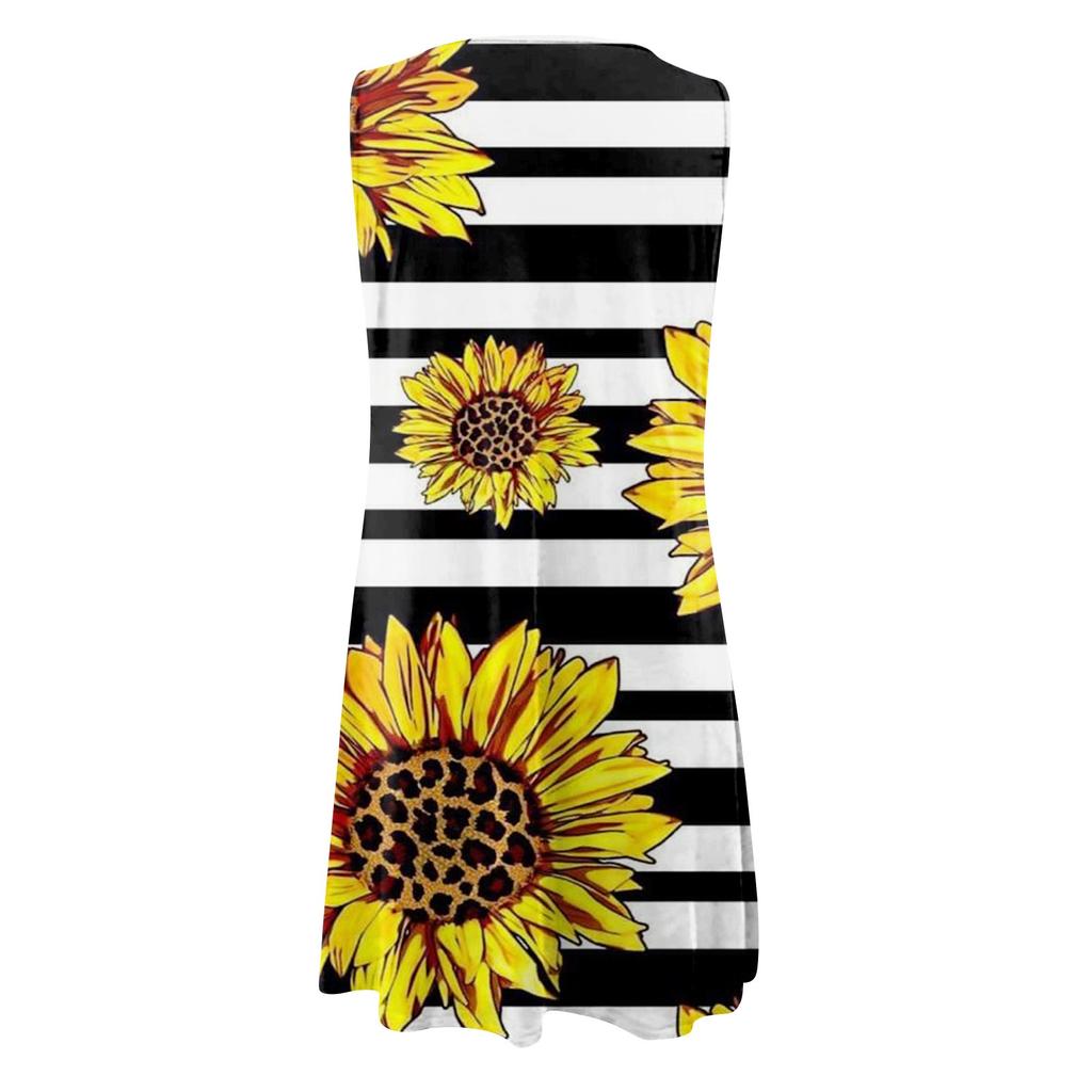 Women Casual Summer Printed Tank Sleeveless Dress Hollow Out Loose Beach Dress