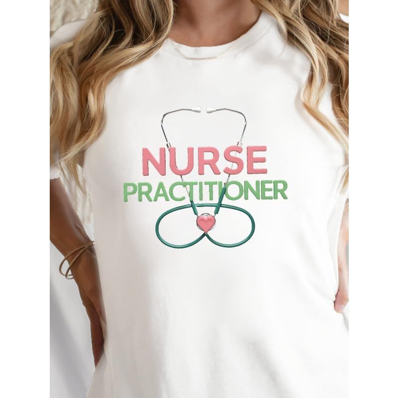 European Size Women Short Sleeve T Shirt White Nurse Practitioner Stethoscope Heart Print  Casual Wear for Nurses And Healthcare Workers