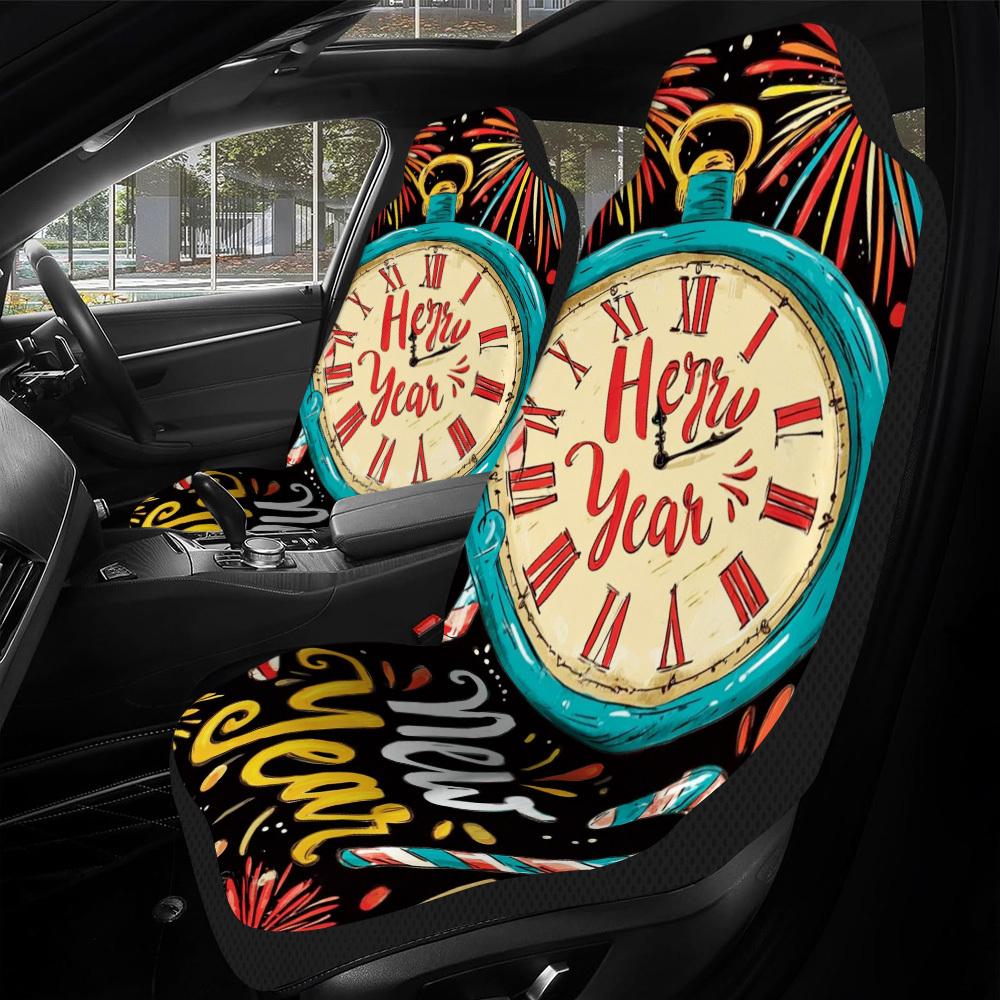 2pcs New Year Celebration Vintage Clock Pattern Car Seat Covers | Comfortable, Easy To Install, Universal Fit For Sedan And SUV