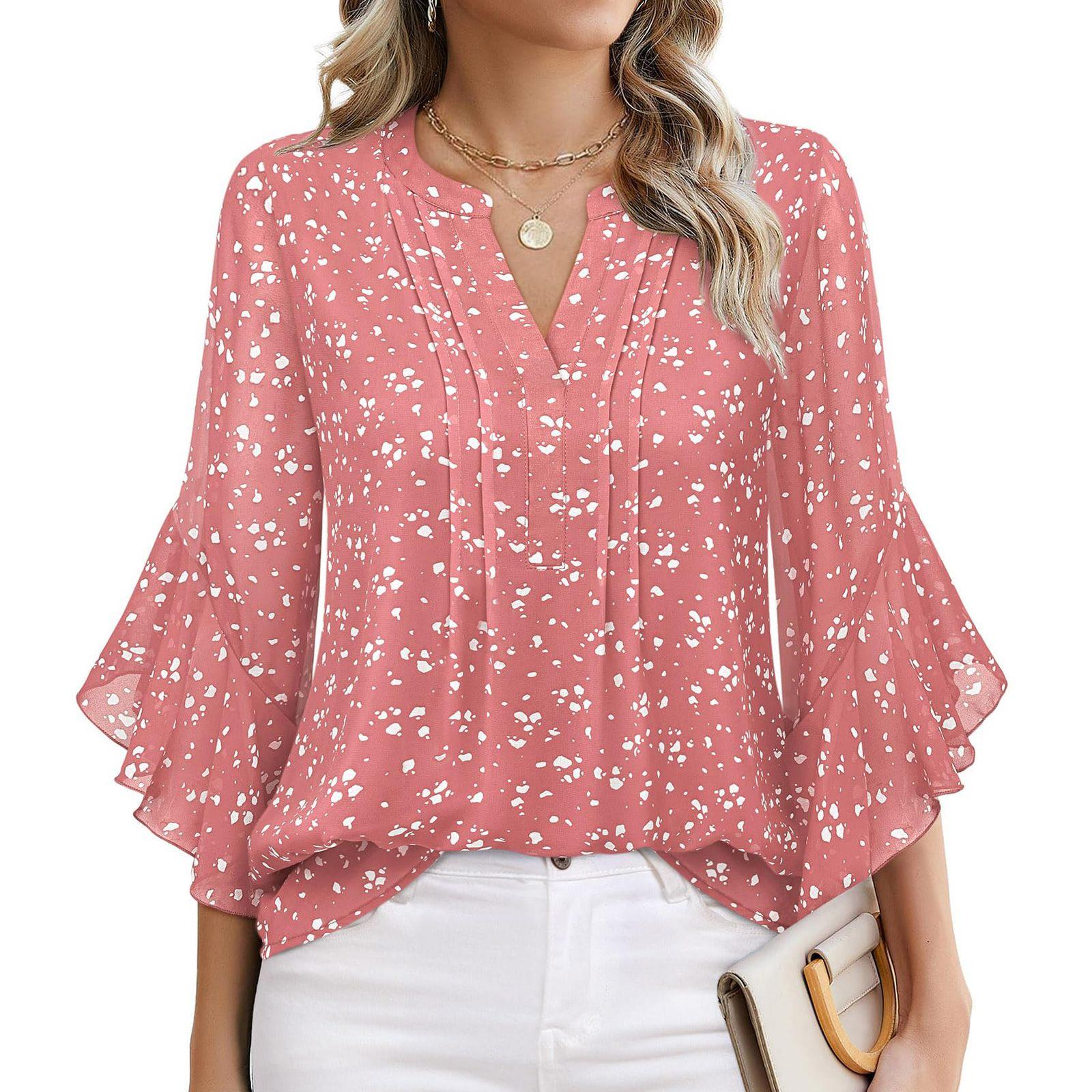 

Блузка с рукавом три четверти в виде листьев лотоса, однотонная, модная, повседневная, свободная, с V-образным вырезом, деловая, шифоновая, женская одежда XXL розовый