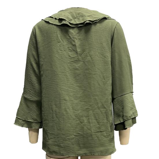 Camisa de mujer con cuello en V, mangas 3/4, volantes, costuras, color liso, pulóver, blusa informal holgada para uso diario