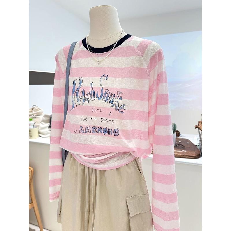 

Fashionable Round Neck Striped Printed Sun Protection Tulle Blouse Long-sleeved T-shirt Women s Versatile Loose Top L розовый