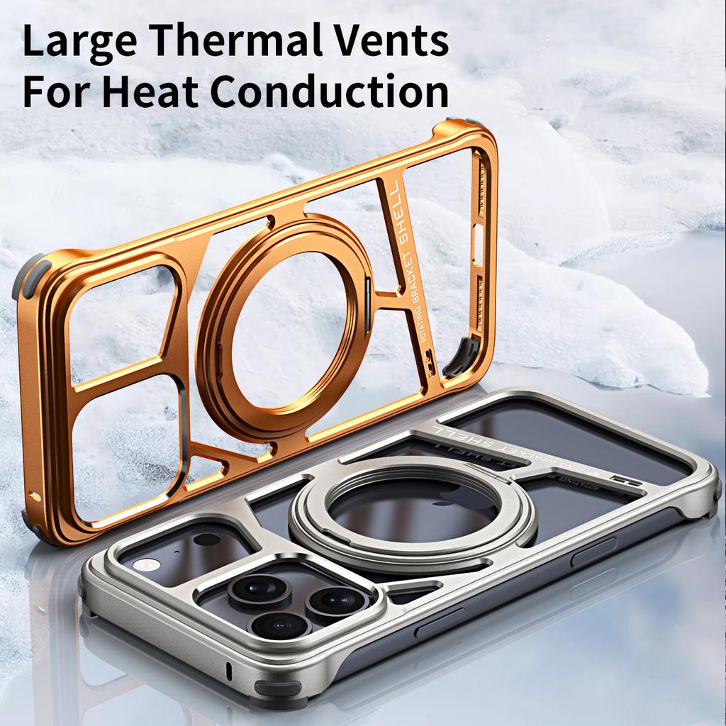 Orange Aluminium Alloy Metal Case For iPhone 17 Pro Max 16 15 14 Rotation Bracket Hollow Out Magnetic Metal Shockproof Cover