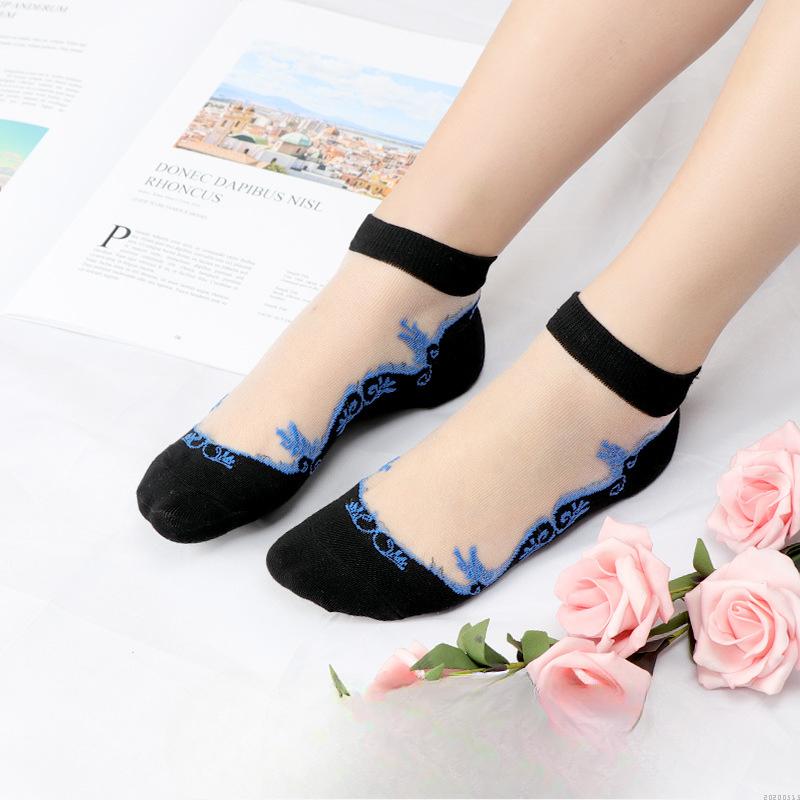 5 Pairs of Women's Summer Embroidered Non Slip Cotton Bottom Glass Silk Socks