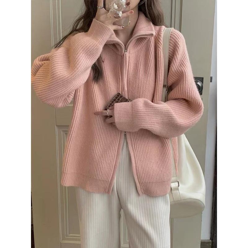 2025 Korean Style Thickened Lapel Zip Sweater Knit Cardigan for Women
