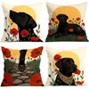 4pcs Black Puppy With Floral Pattern Cushions Pillowcase Polyester Cushion Cover Throw Pillow Pillowcover Home Car Sofa Decor