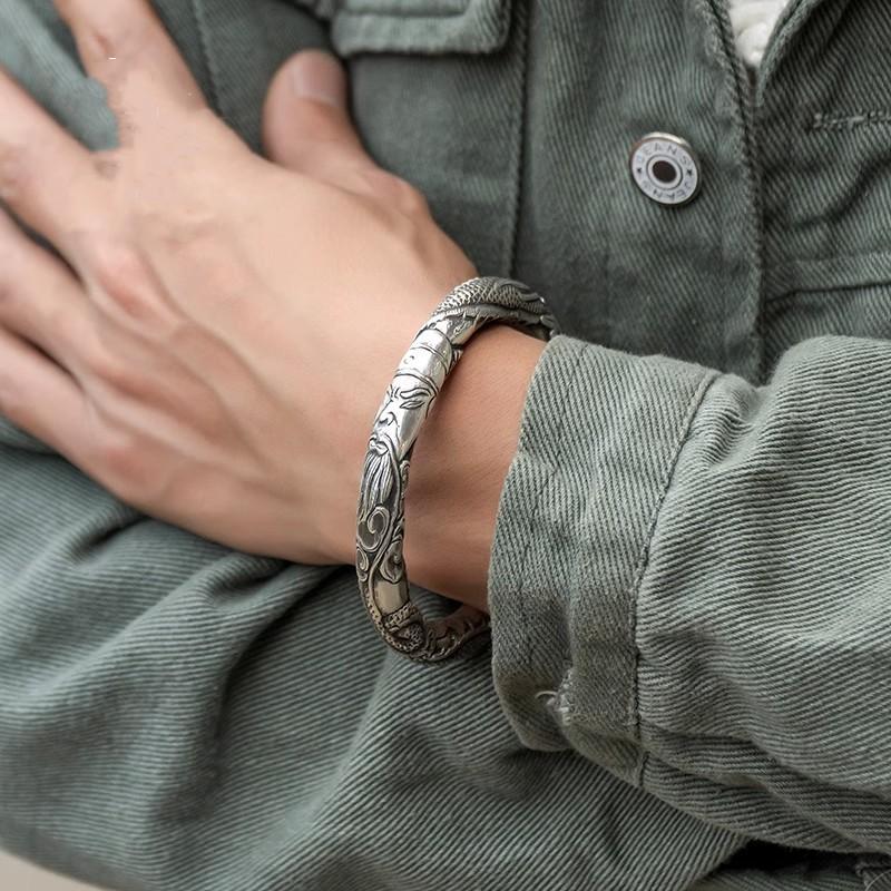Guan Gong Bracelet Men's Solid High End Retro Men's Mighty Open Cylinder Relief Bracelet