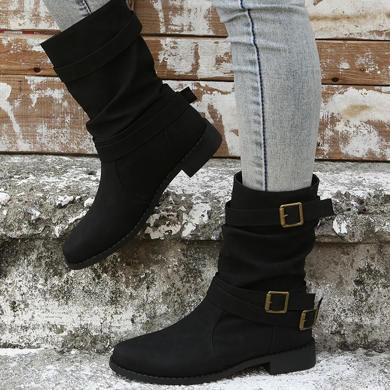 Vintage Women Ankle Boots Chunky High Heels Boots Buckle Rubber Casual Ladies Shoes Female Luxury Short Boots Shoes Large Size