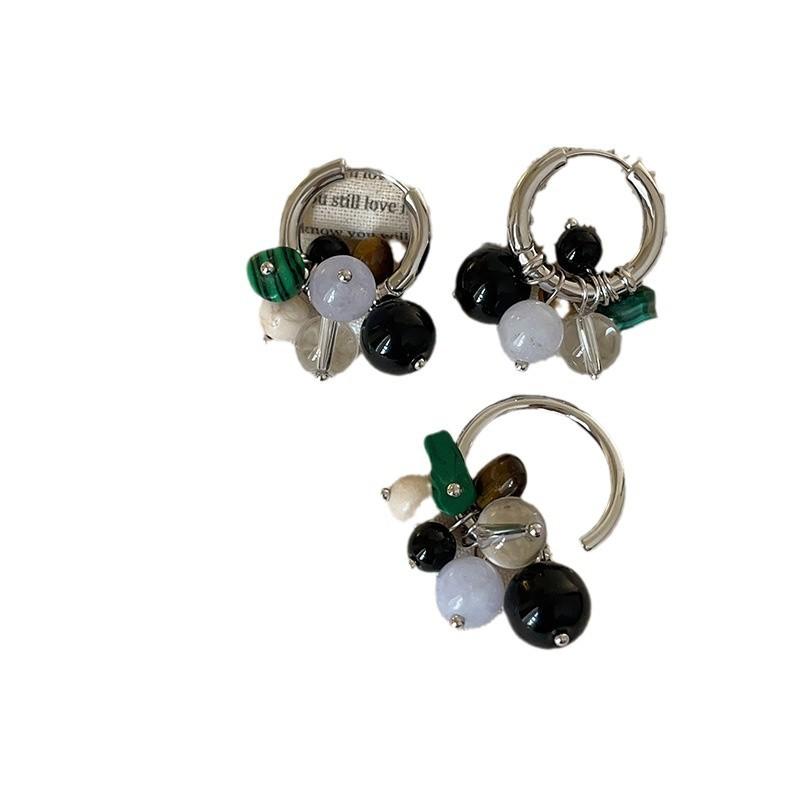 Retro Light Luxury Natural Stone Beaded Fringed Metal Ring Women'S Niche High-End Elegant Versatile Earrings