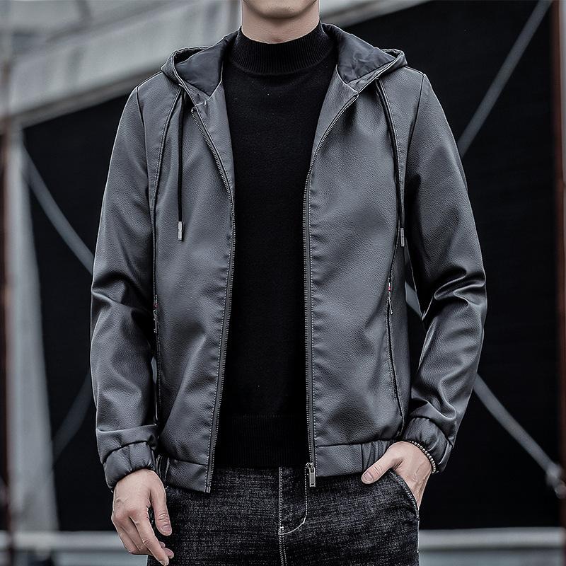 Pánská kožená bunda Pu kožená bunda Pánská s kapucí Slim Fit Korejský styl Motocyklová ležérní bunda